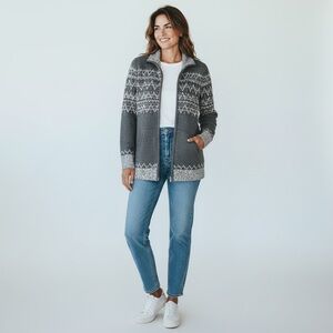 Women’s Eddie Bauer Gray‎ Fair Isle Zip Front 100% cotton Sweater Jacket size S